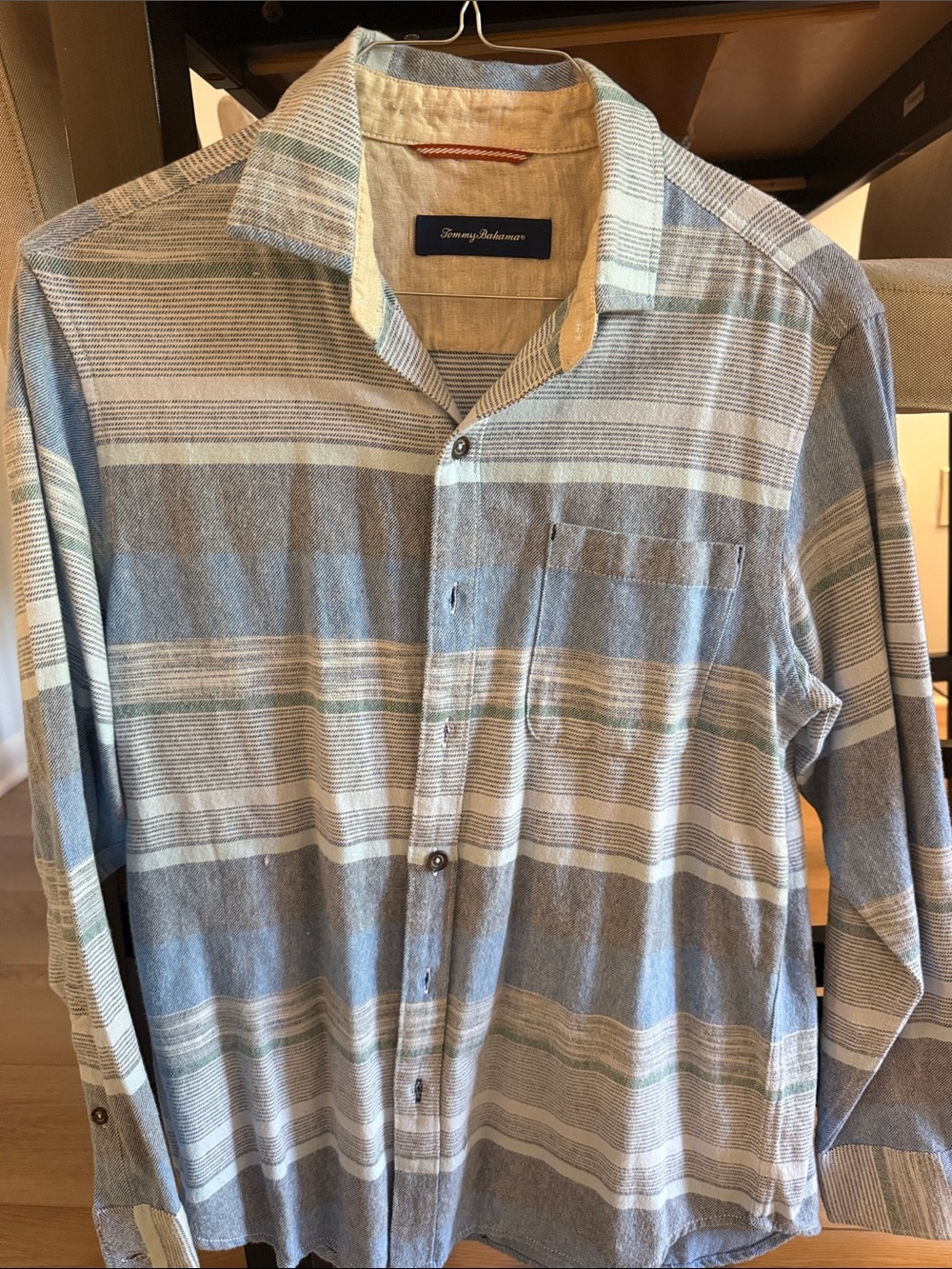 Tommy Bahama Men's Blue and White Striped Button-Up Shirt Small
